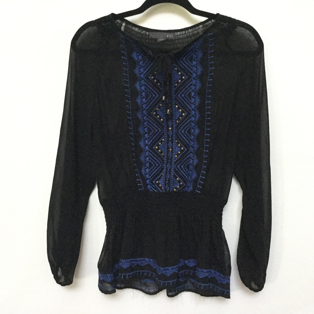 Forever 21 Black, Blue Sheer Tie Neck Long Sleeve Top Size Small